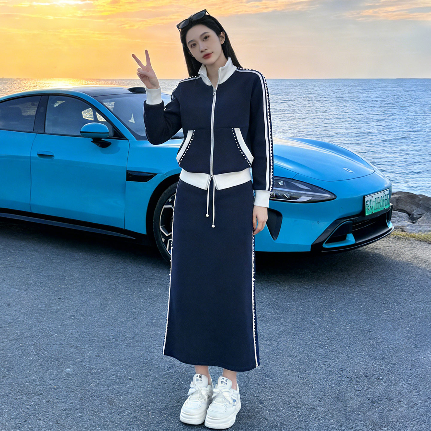 设计感时尚卫衣裙套装女春季新款撞色立领开衫上衣半身裙两件套潮,女装套装/套裙,2C310