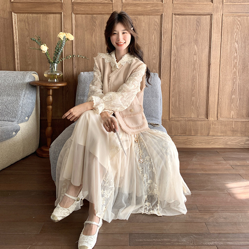 小香风马甲套装女2025秋季新款超好看高级感气质蕾丝连衣裙两件套,女装套装/套裙,2C332
