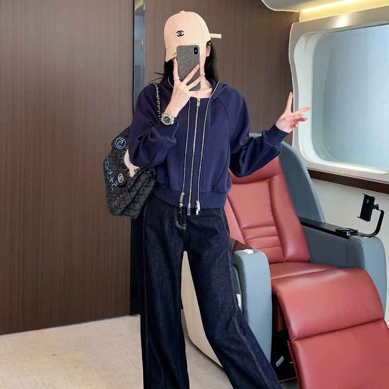 女秋季高级感连帽卫衣牛仔直筒裤套装,女装套装/套裙,2C310