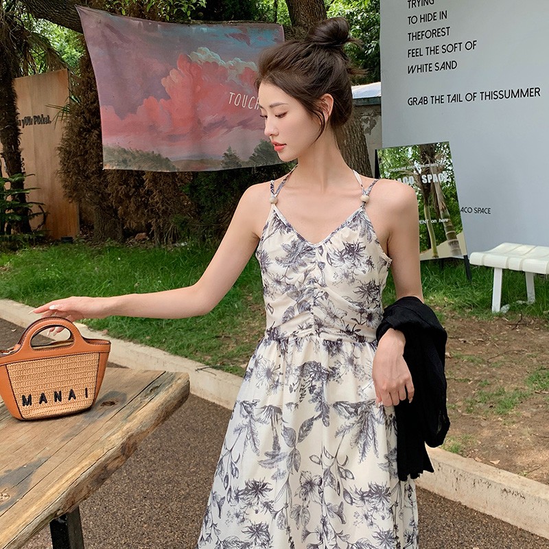 现货水墨画V领高腰天丝吊带裙沙滩长裙2C029,女装连衣裙,2C029