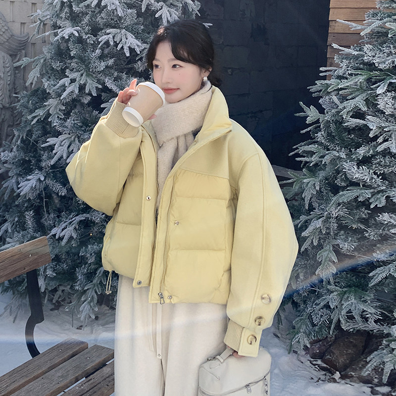 毛呢拼接保暖黄色羽绒服外套女冬季2025新款小个子流行爆款面包服,女装羽绒服,2C203