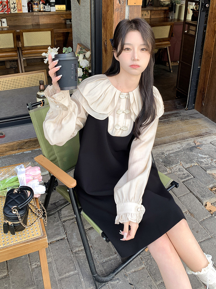 新中式国风盘扣撞色拼接连衣裙女2025春新款娃娃领宽松显瘦小黑裙,女装连衣裙,2C103