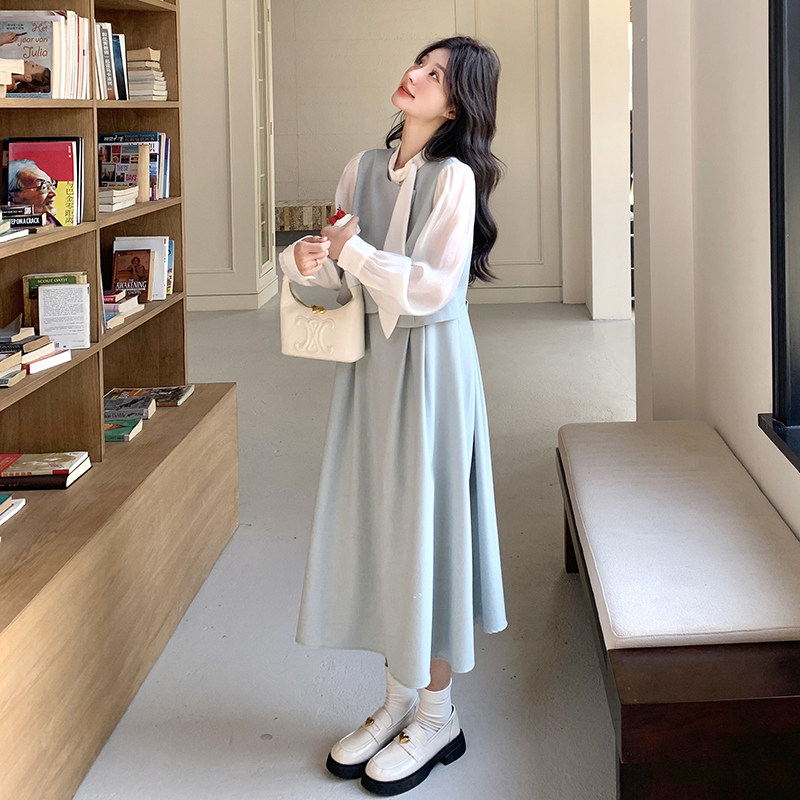 蓝色拼接假两件连衣裙女2025春季新款法式高级感气质显瘦a字长裙,女装连衣裙,2C218