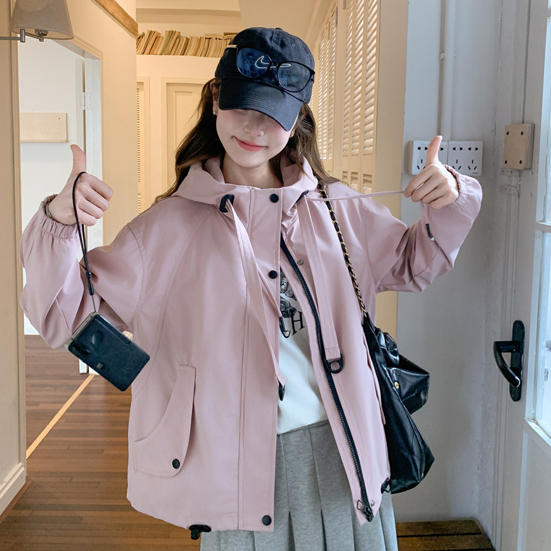 粉色连帽工装外套女2025春季新款韩系休闲减龄小个子超好看短夹克,女装风衣,2C266