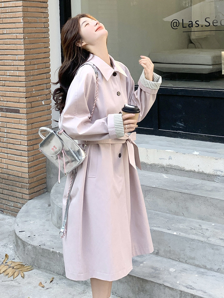 条纹拼接粉色收腰风衣外套女春秋2025新款中长款流行气质大衣爆款,女装风衣,2C217
