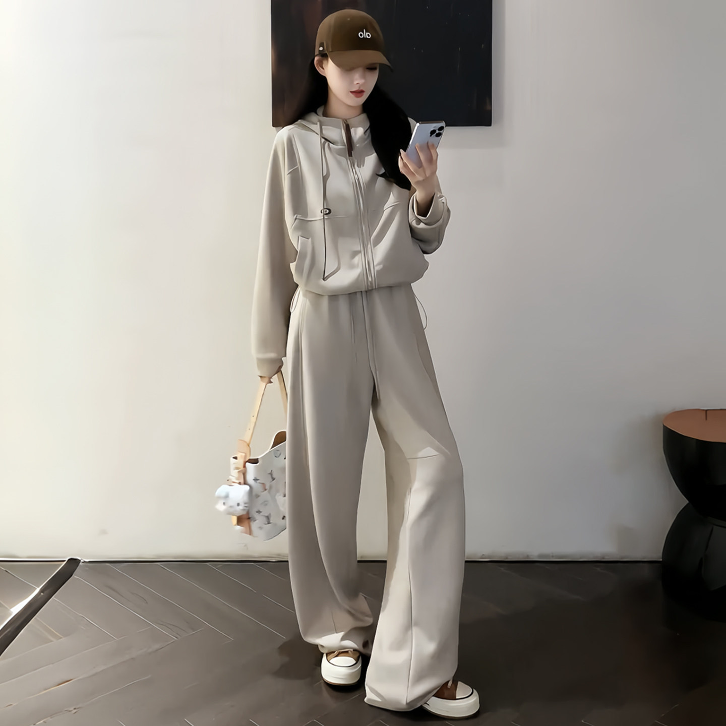 高级感时尚气质休闲套装女秋季新款纯色拉链开衫卫衣阔腿裤两件套图片