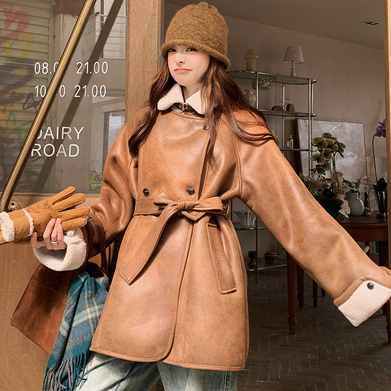 新品咖色皮毛一体中长款加厚外套5801-P215-K308,女装派克服,2C159