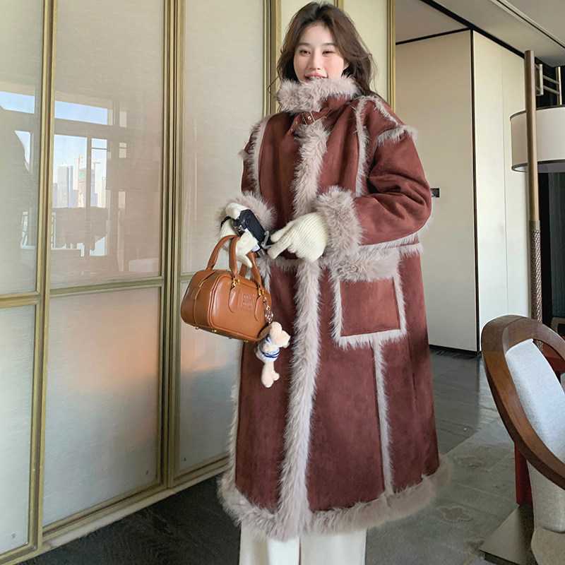 超好看安克拉红色皮毛一体羊羔毛外套女冬长款麂皮绒派克棉服棉衣,女装棉衣/棉服,2C203