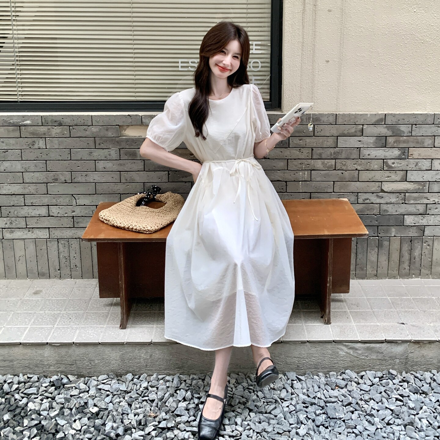 法式泡泡袖白色连衣裙女夏2025新款温柔风减龄气质显瘦巨好看长裙,女装连衣裙,2C166