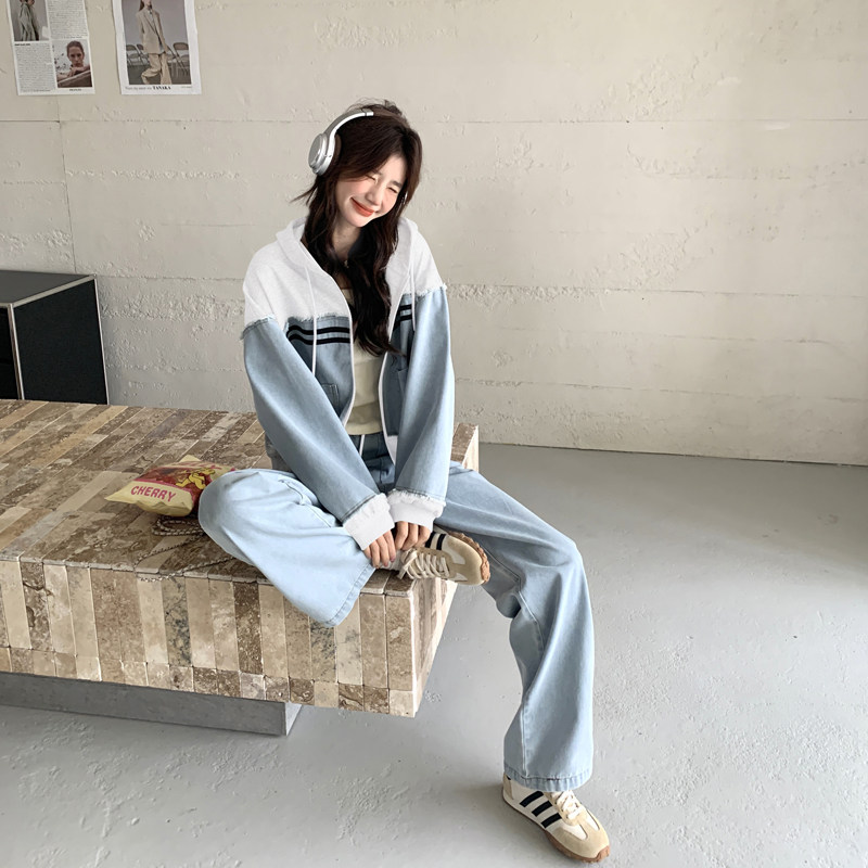 档口现货2025新款春秋装女装休闲牛仔拼接两件套360-p170-k248,女装套装/套裙,2C266