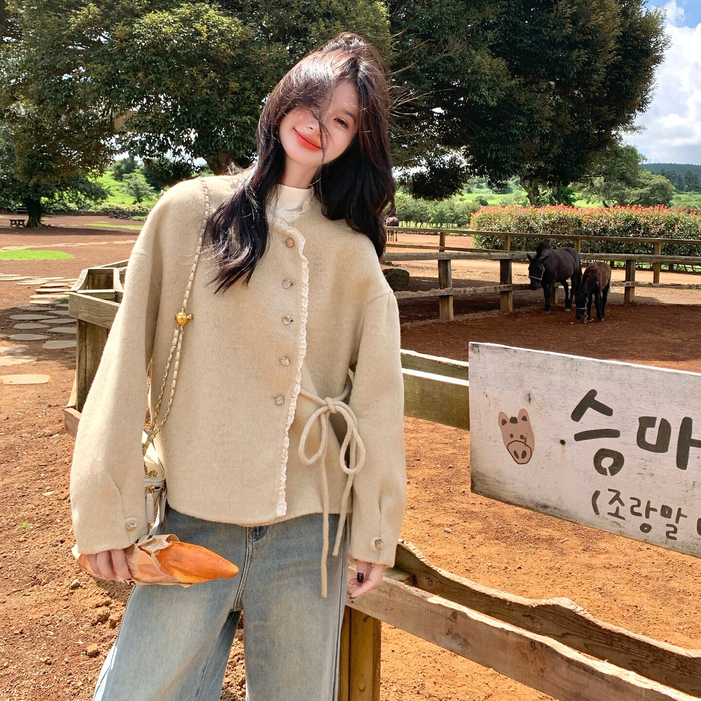 小香风蕾丝花边拼接双面羊毛大衣女短款2025新款减龄百搭毛呢外套,女装毛呢外套,2C298