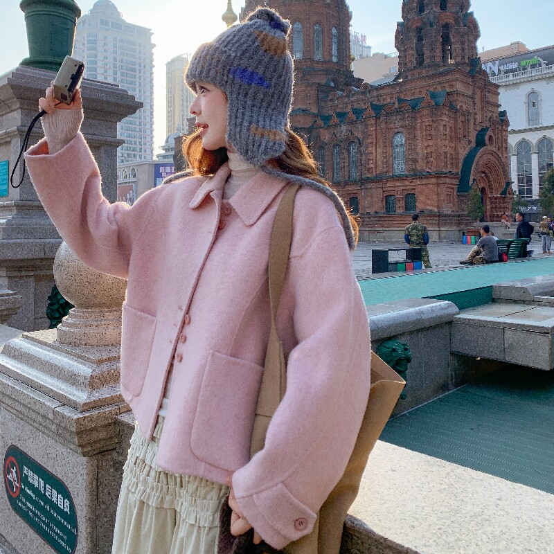 甜美巨好看粉色双面呢羊毛外套女秋冬2025新款小个子流行爆款大衣,女装毛呢外套,2C320