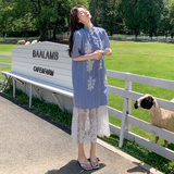 温柔系穿搭蓝色条纹刺绣衬衫裙套装女夏新款显瘦蕾丝吊带裙两件套，女装套装/套裙，2D078