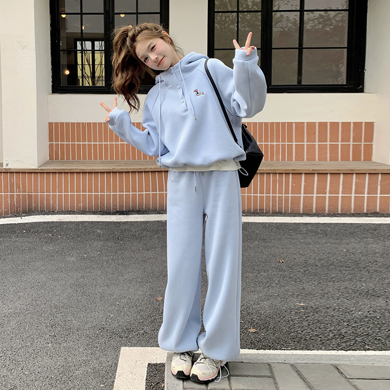 超火慵懒风蓝色连帽卫衣套装女春秋2025新款可盐可甜休闲裤两件套,女装套装/套裙,2C203