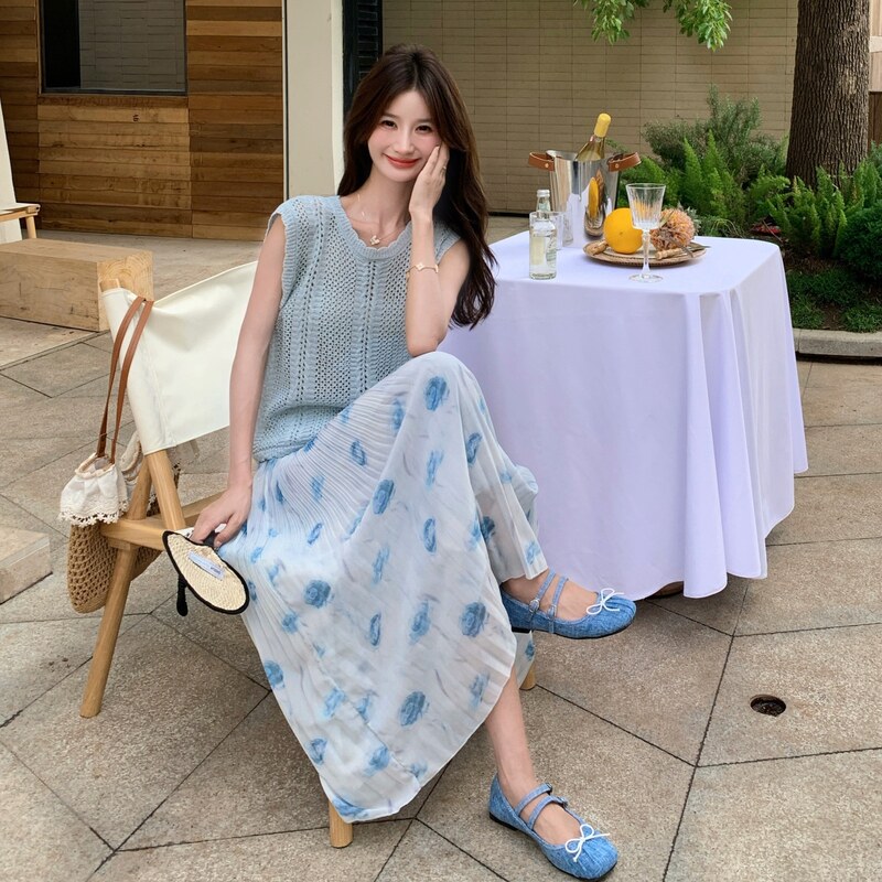 镂空无袖针织衫百褶碎花半身裙两件套女2025夏季优雅气质裙子套装,女装套装/套裙,2C166