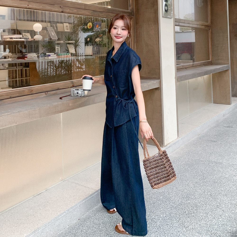 深蓝色不规则牛仔衬衫阔腿裤套装2025新款女夏韩系chic别致两件套,女装套装/套裙,2C375