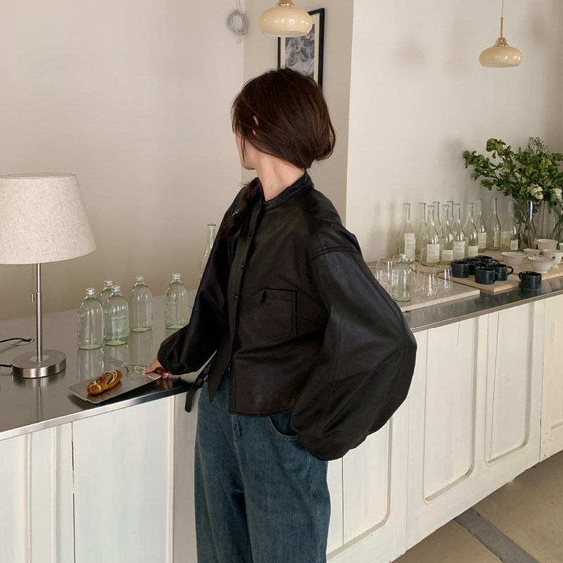 韩系黑色立领皮衣外套女春秋2025新款小香风简约百搭流行pu夹克,女装皮衣,2D146