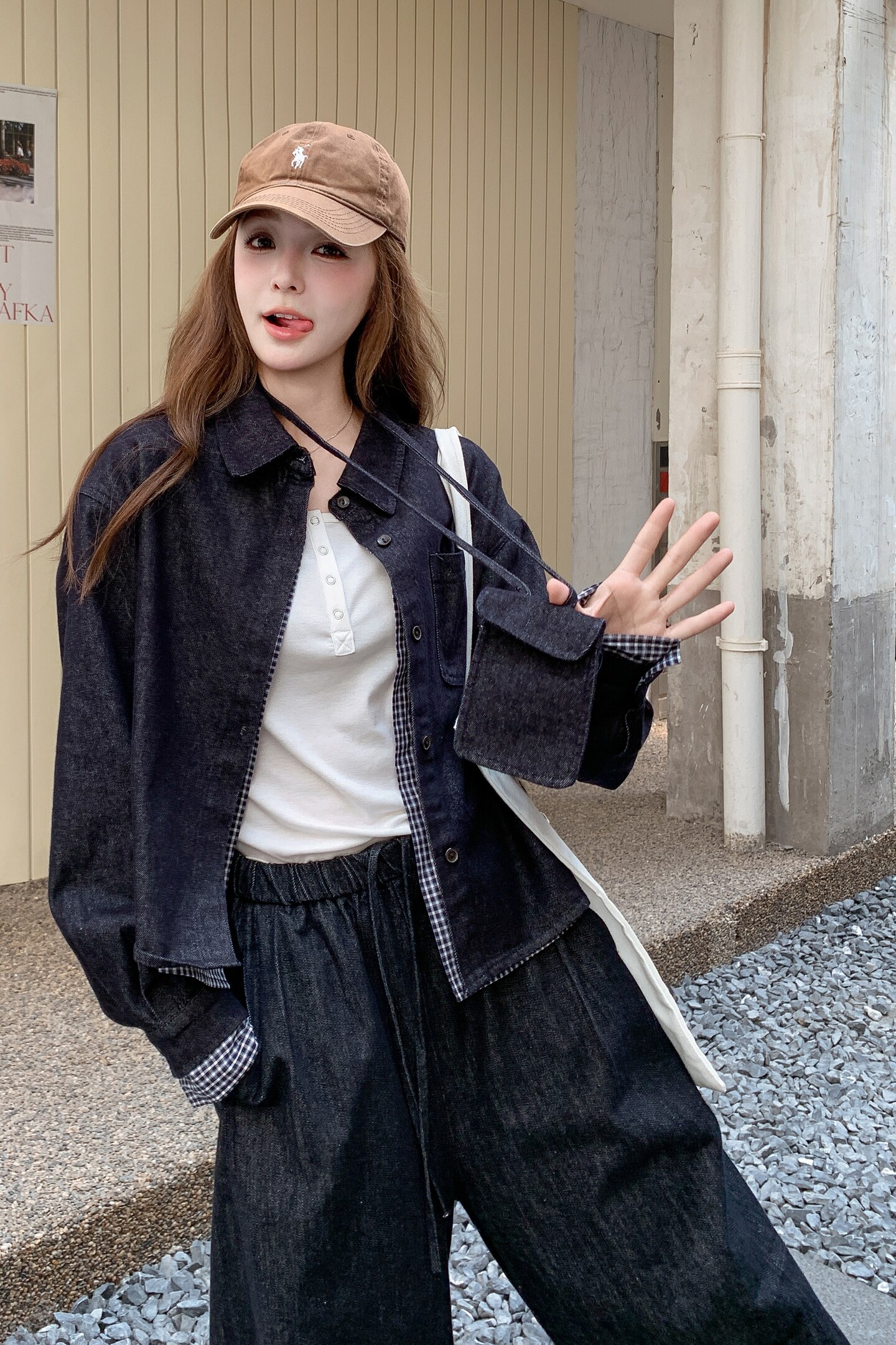 复古休闲气质格纹拼接牛仔衬衫阔腿裤套装女春秋季ootd穿搭两件套,女装套装/套裙,2C323