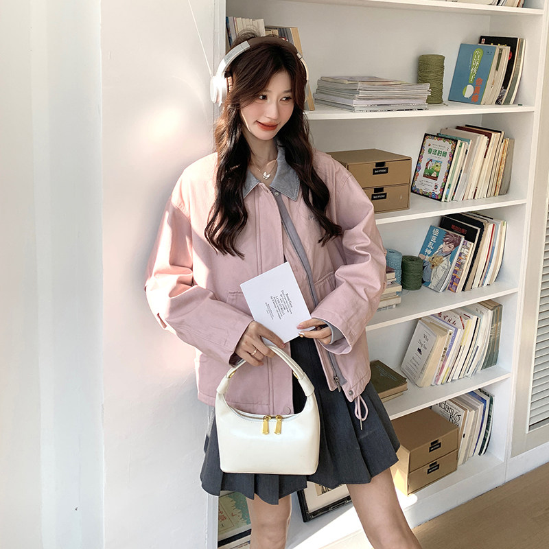 粉色复古牛仔拼接外套2025新款女春秋韩系甜酷高级感今年流行夹克,女装短外套,2C166