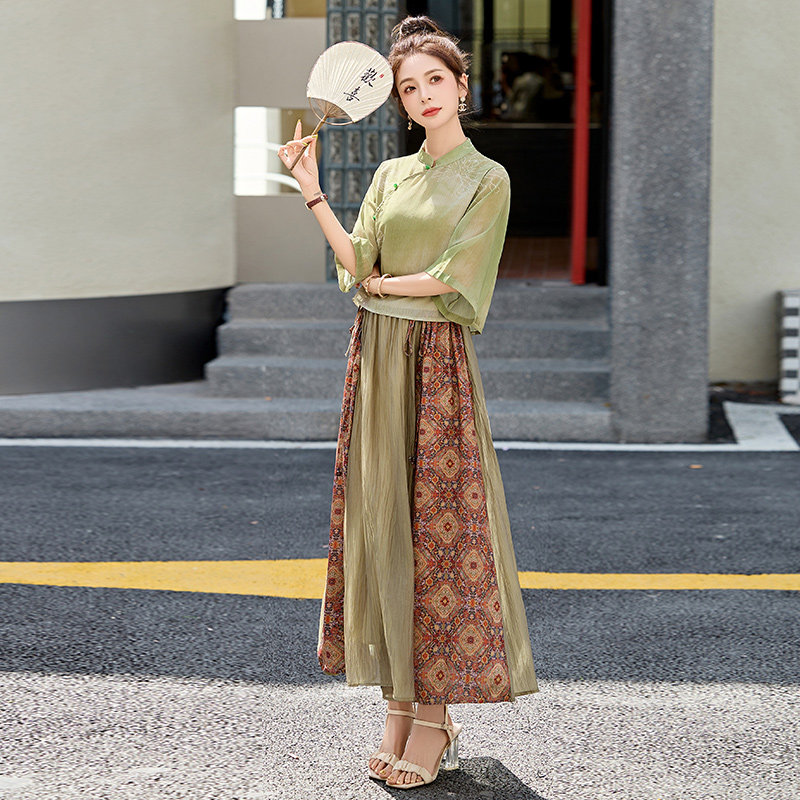 新中式国风印花套装裙女2025夏新款复古盘扣禅意茶服半身裙两件套,女装套装/套裙,吾爱衣