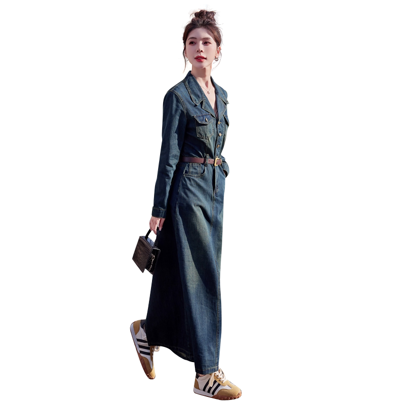 （大量现货）2025春装时尚复古色西装领长裙牛仔连衣裙（配腰带）,女装连衣裙,1D060