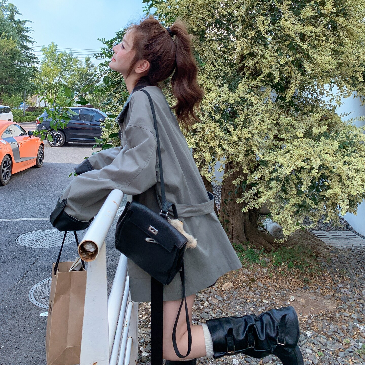 韩系工装风撞色风衣女2025秋季新款通勤风查看高级感中长款外套,女装风衣,2D044