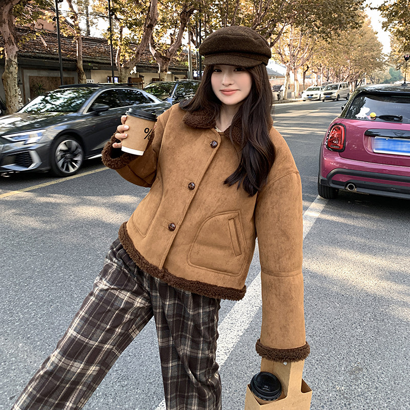 时尚棕色麂皮绒皮毛一体短款上衣P195,女装棉衣/棉服,2C291