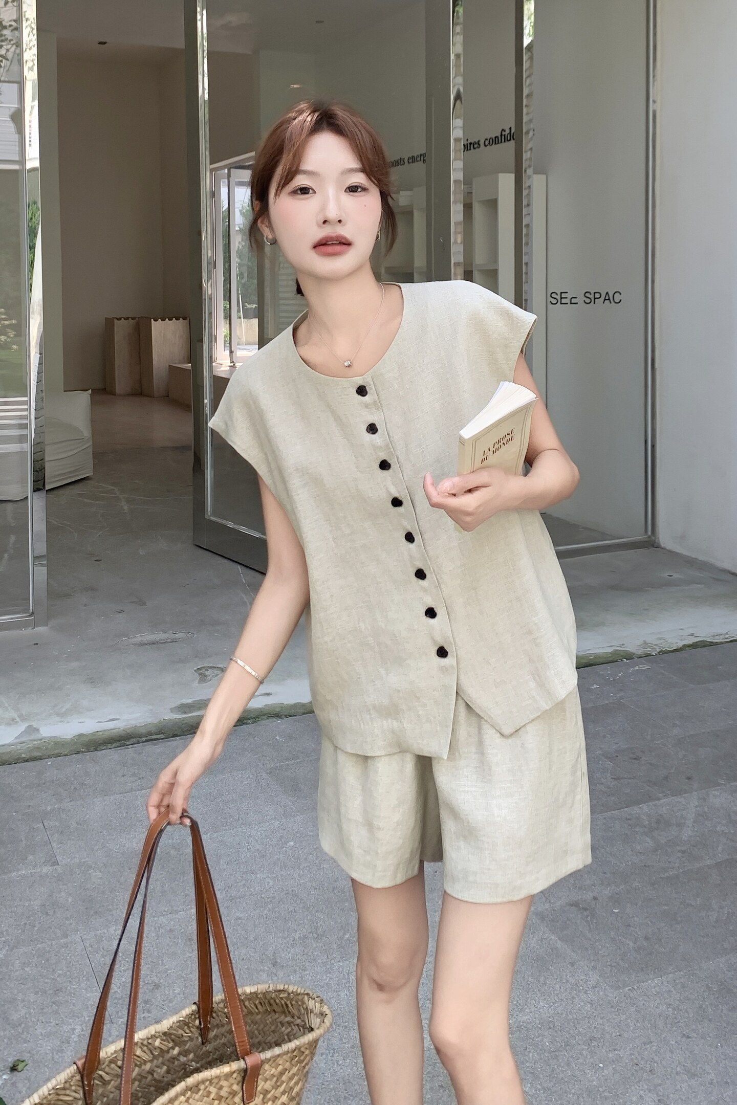 韩系老钱风休闲无袖马甲套装女2025夏季新款小个子气质短裤两件套,女装套装/套裙,2C159