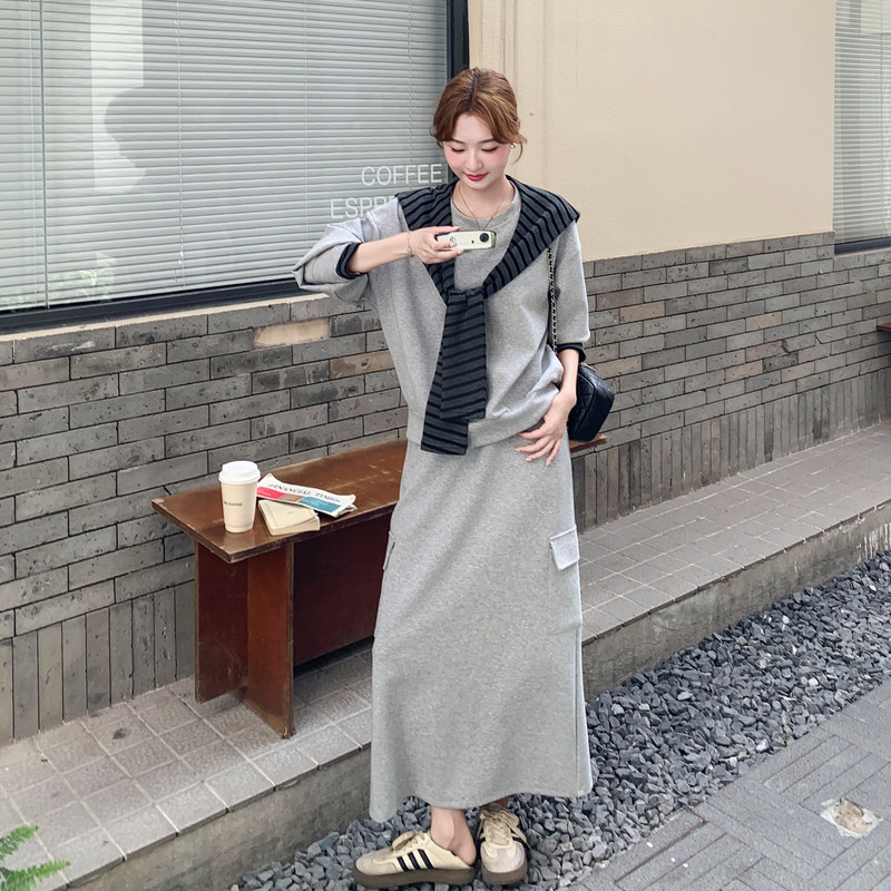 浅灰色披肩卫衣套装裙女春秋新款超好看韩系减龄休闲半身裙两件套,女装套装/套裙,2B235