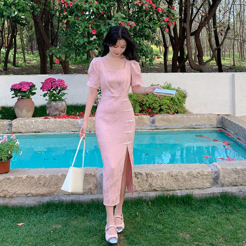 新中式国风印花改良旗袍女2025夏季新款收腰显瘦气质方领开叉长裙图片