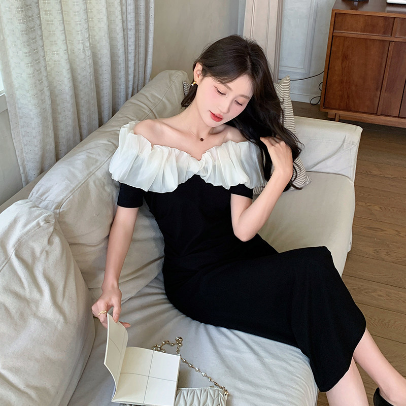 夏季新品高级感拼接连衣裙女一字肩两穿裙子A9012/P120/K178,女装连衣裙,2C268