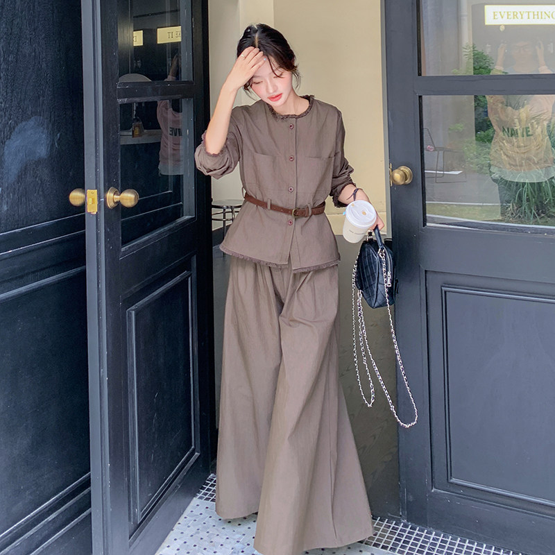 灰色小香风套装女春季新款小个子时髦优雅减龄毛边阔腿裤子两件套,女装套装/套裙,2C135