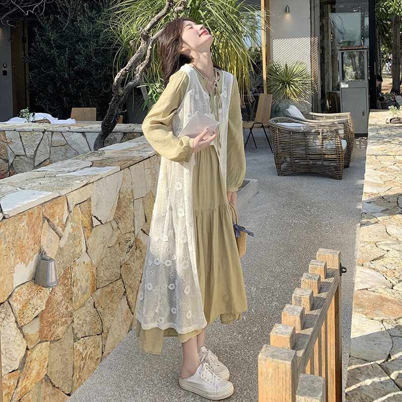 开春穿搭一整套镂空罩衫连衣裙套装女2026春季新款长袖叠穿两件套,女装连衣裙,2C218