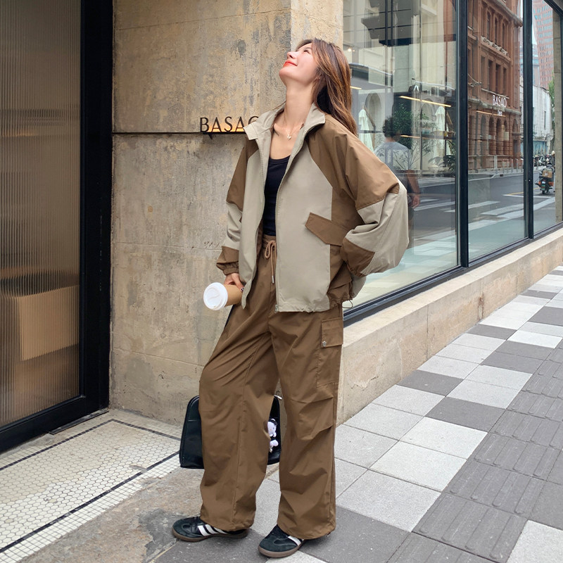 撞色拼接工装外套阔腿裤套装女2025春秋季新款韩版休闲显瘦两件套,女装套装/套裙,2C277