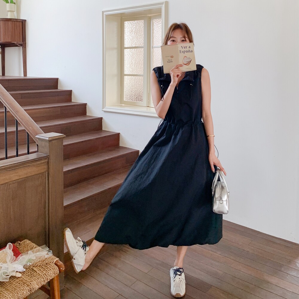 黑色轻熟风工装无袖连衣裙女2025夏季新款高级感收腰系带及踝长裙,女装连衣裙,2C212