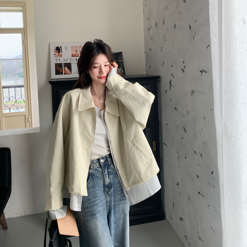 2025春季新款韩系复古条纹袖口翻领拉链短皮外套今年流行假两件女,女装短外套,2D146