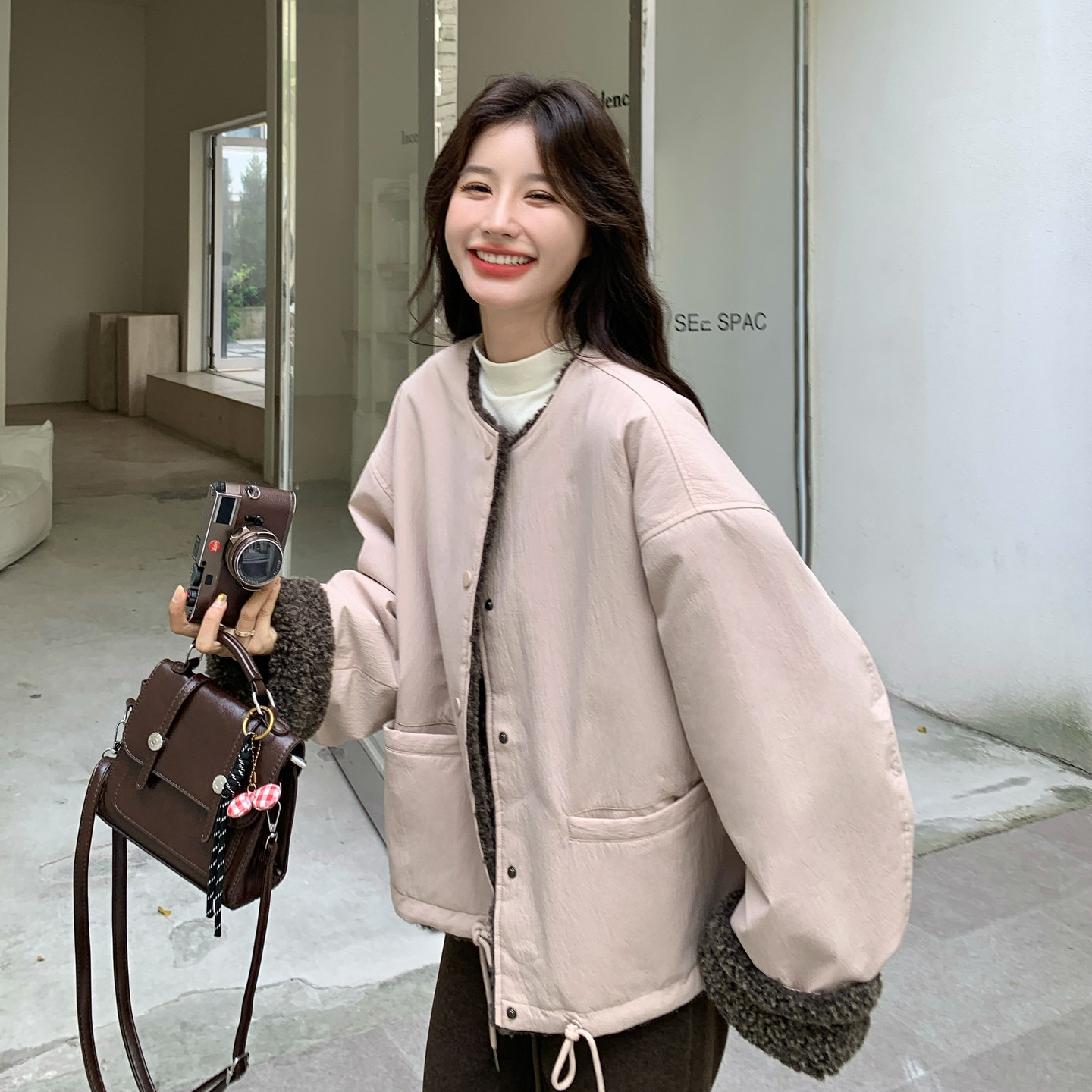 粉色加绒加厚工装棉服外套女冬季2025新款流行短款派克服小棉衣,女装派克服,2C159