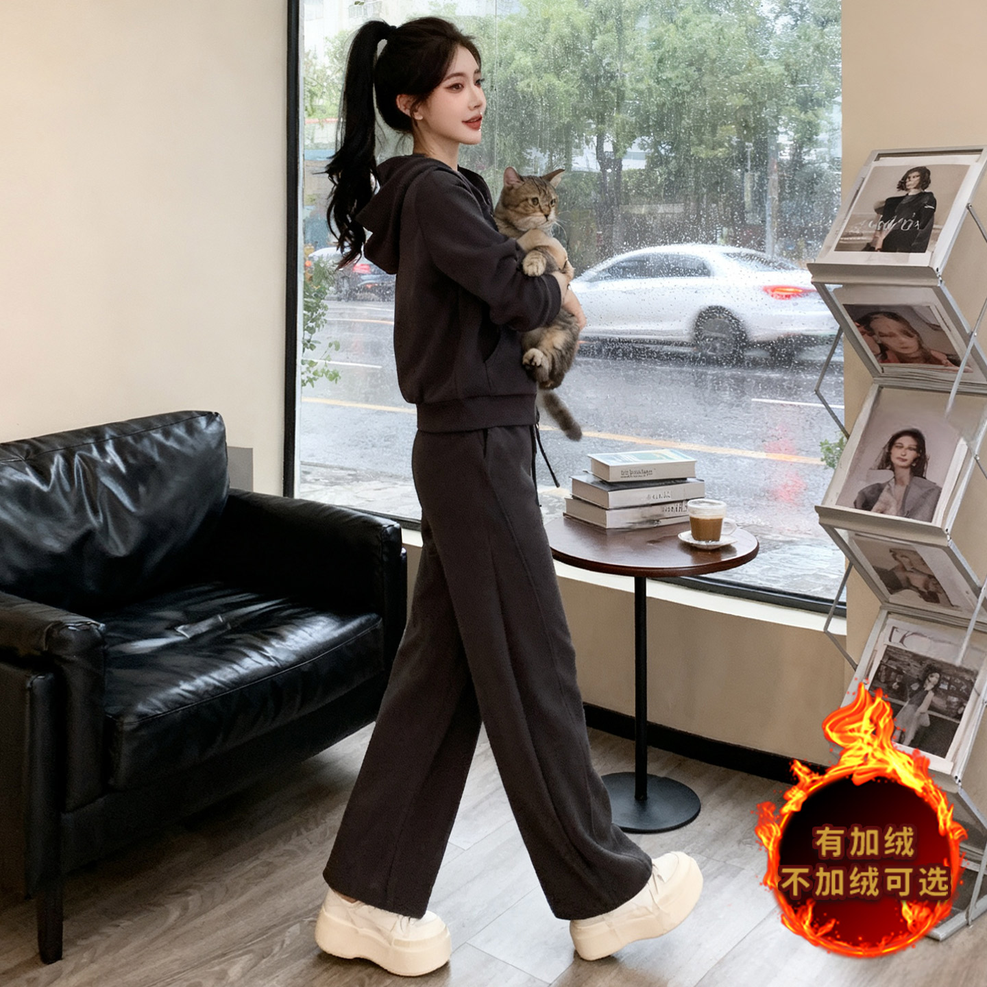 高级感休闲运动套装女秋冬款短款卫衣内搭白色背心阔腿长裤三件套,女装套装/套裙,2C310