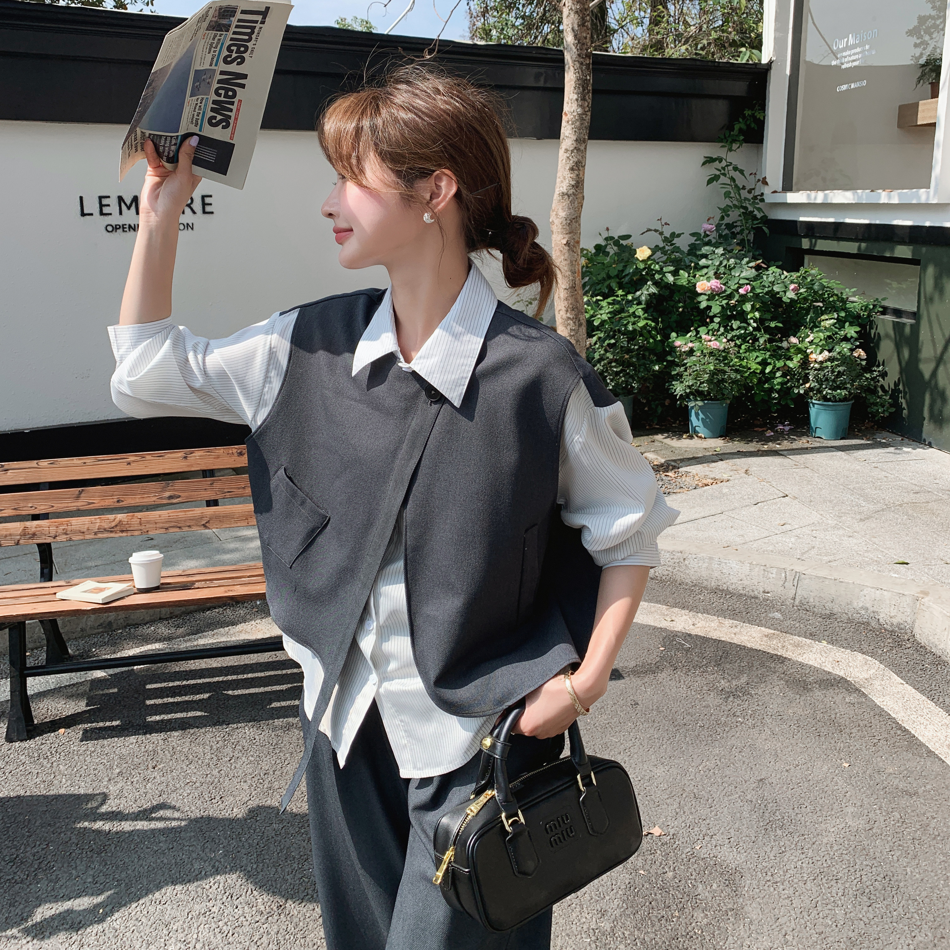 深灰色假两件拼接衬衫穿搭女2025秋季高级感时尚休闲阔腿裤一整套,女装套装/套裙,2C068