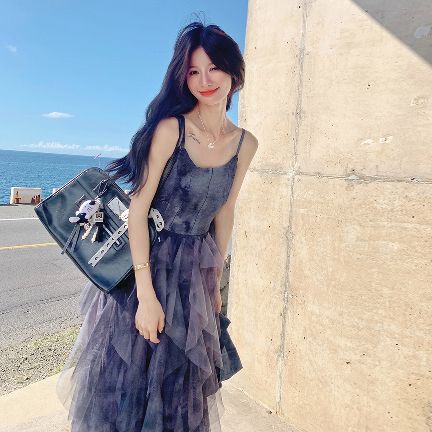 小清新不规则网纱吊带连衣裙套装女春秋2025新款独特超好看长裙子,女装套装/套裙,2C012