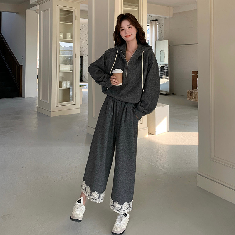 休闲运动连帽灰色卫衣阔腿裤套装女春秋超火减龄穿搭巨好看两件套,女装套装/套裙,2C159