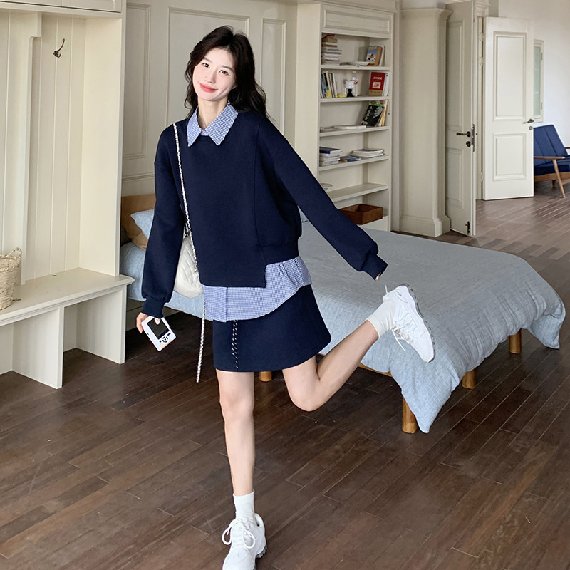 【档口现货】蓝色卫衣+无袖衬衫+短裙三件套装516-P170-K258,女装套装/套裙,2C126