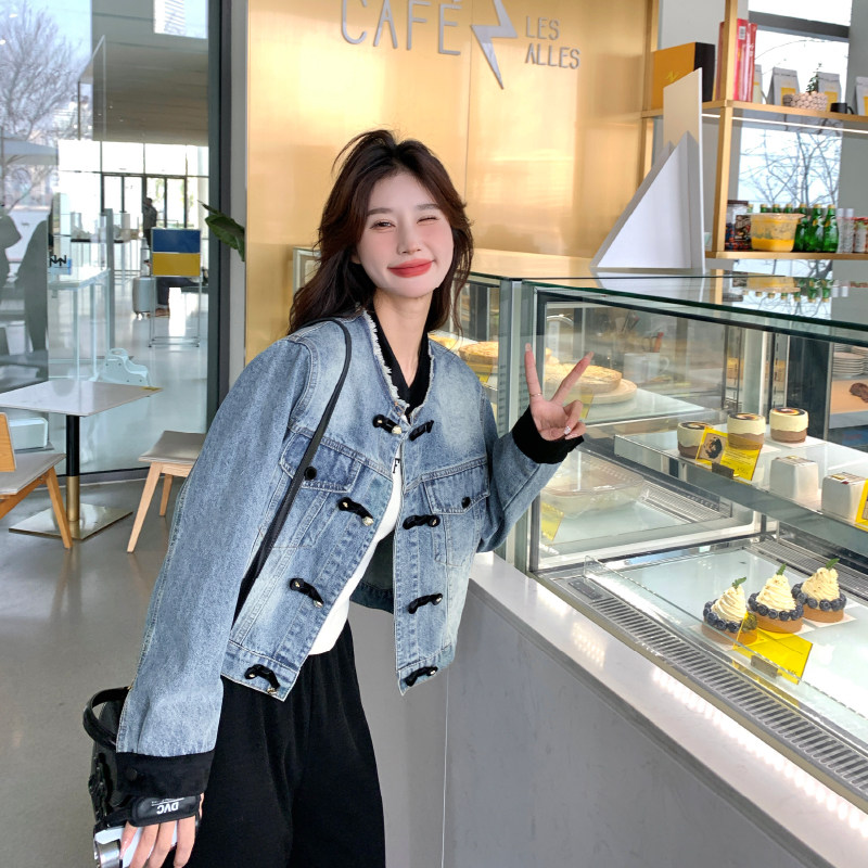 蓝色牛仔外套春秋女2024新款韩版宽松高级感撞色炸街减龄短款上衣,女装短外套,2D146