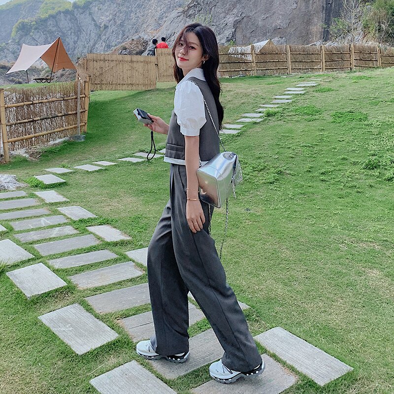 法式气质假两件衬衫上衣套装女2025夏季新款显瘦休闲阔腿裤两件套,女装套装/套裙,2C159
