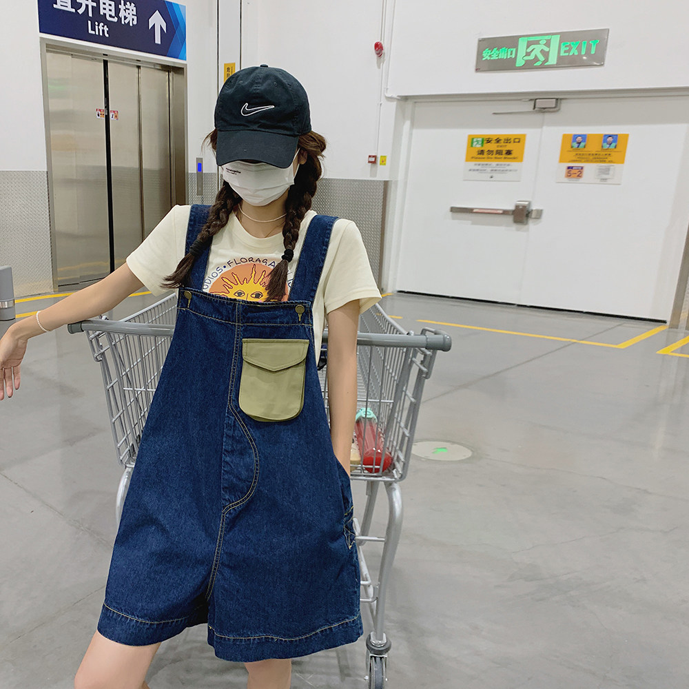 韩版俏皮减龄牛仔背带短裤女2025夏季新款法式宽松显瘦盐系连体裤，女装牛仔裤，2C112