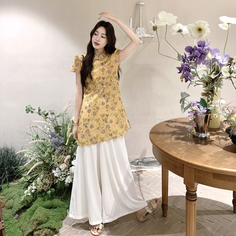 新中式盘扣上衣阔腿裤套装女2025夏季新款提花旗袍好看显瘦两件套,女装套装/套裙,2C117