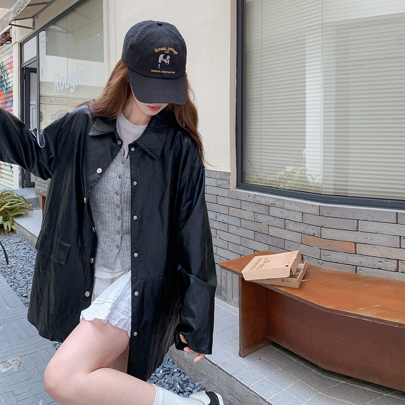 黑色复古甜美港风时髦简约皮衣外套女2025秋季中长款翻领pu皮夹克,女装皮衣,2C291