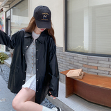 黑色复古甜美港风时髦简约皮衣外套女2025秋季中长款翻领pu皮夹克，女装皮衣，2C291