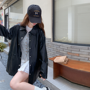 黑色复古甜美港风时髦简约皮衣外套女2025秋季中长款翻领pu皮夹克图片