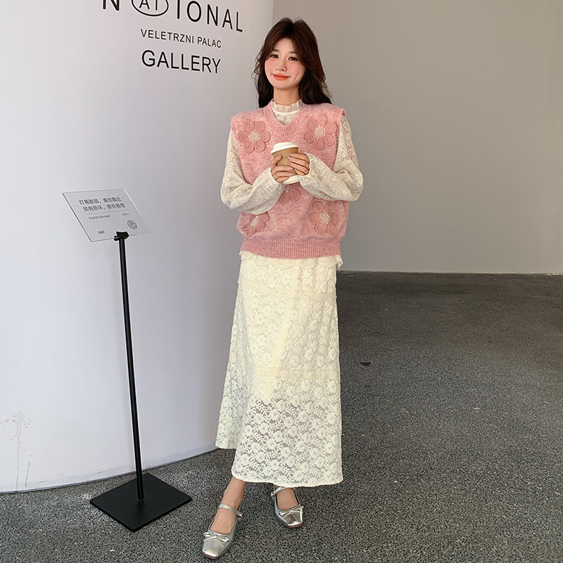 粉色甜美针织花朵马甲套装女春季时尚减龄法式气质两件套,女装套装/套裙,2C166